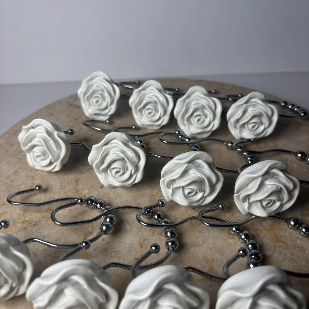 UO Rose Icon Shower Curtain Hooks Set of 12 White 3D Rose Flower‎ Shabby Chic